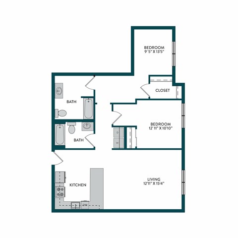 Floor plan for 2 beds, 2 baths, 1031 sqft